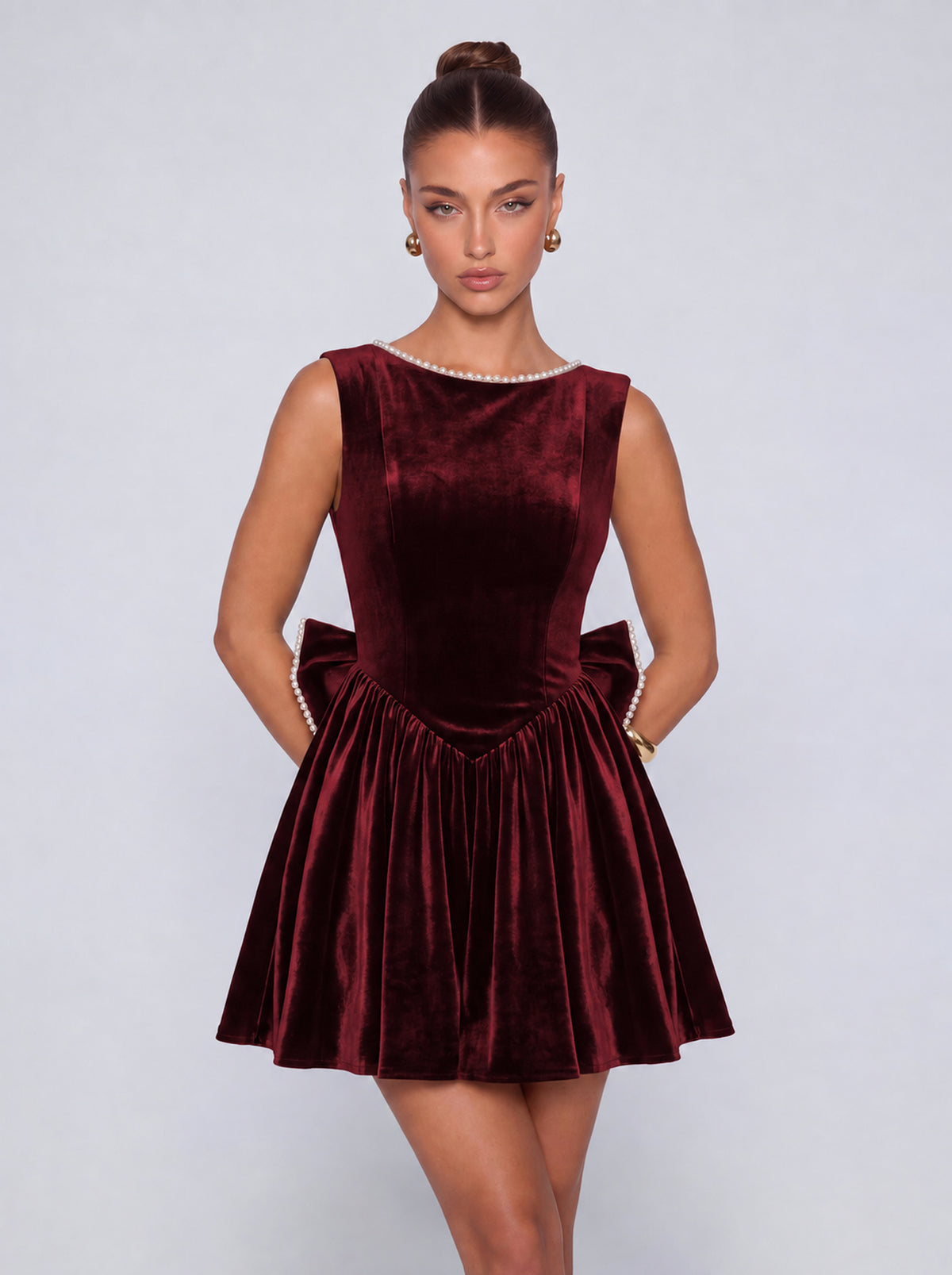 Sleeveless Velvet Pearl-Trim Lace-Up Back Bow Flared Skater Mini Dress – Party & Cocktail Dress - Burgundy - View 1