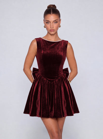 Sleeveless Velvet Pearl-Trim Lace-Up Back Bow Flared Skater Mini Dress – Party & Cocktail Dress - Burgundy - View 1