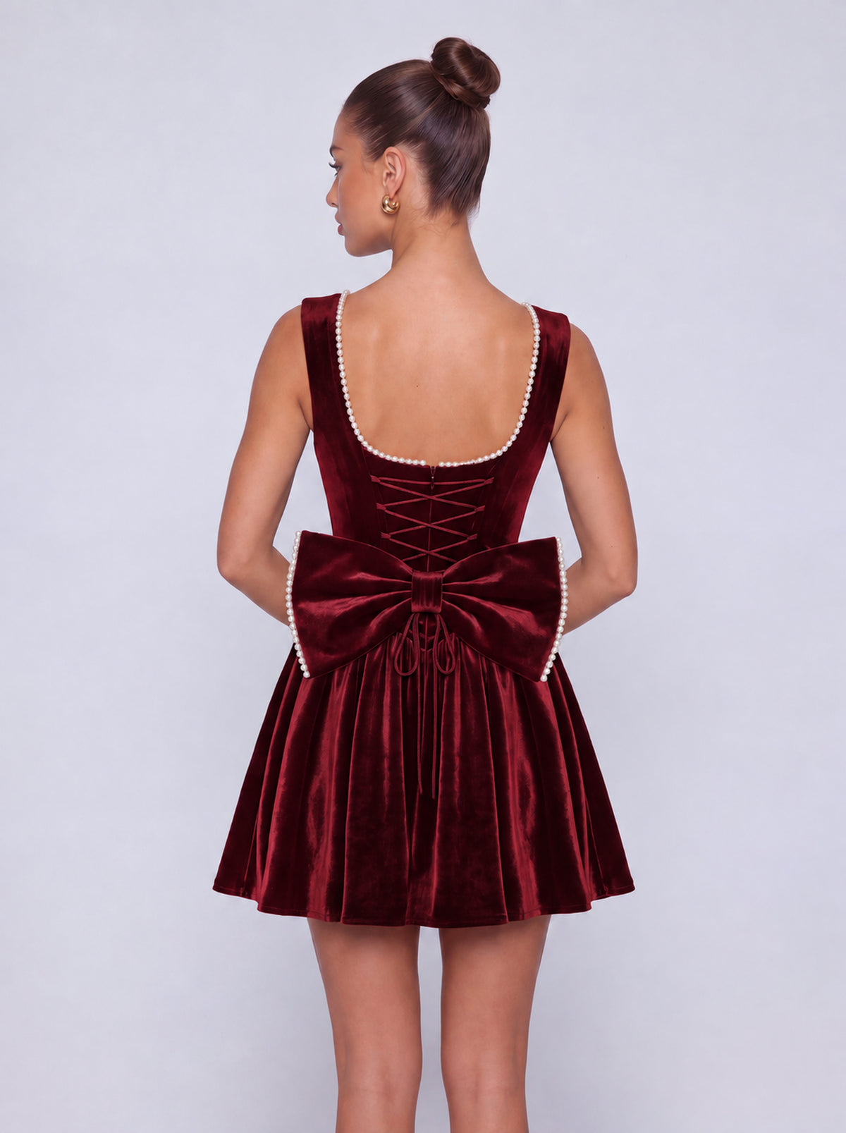 Sleeveless Velvet Pearl-Trim Lace-Up Back Bow Flared Skater Mini Dress – Party & Cocktail Dress - Burgundy - View 2