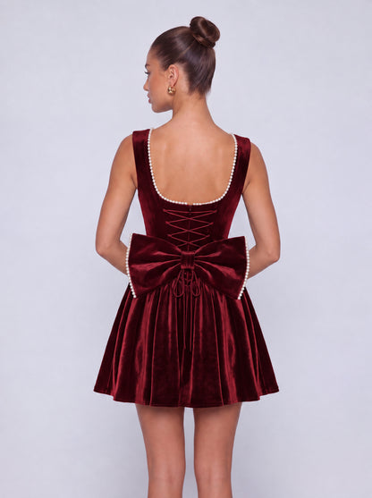 Sleeveless Velvet Pearl-Trim Lace-Up Back Bow Flared Skater Mini Dress – Party & Cocktail Dress - Burgundy - View 2