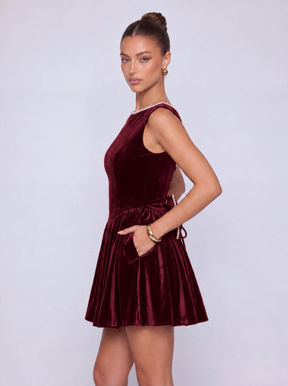 Sleeveless Velvet Pearl-Trim Lace-Up Back Bow Flared Skater Mini Dress – Party & Cocktail Dress - Burgundy - View 3
