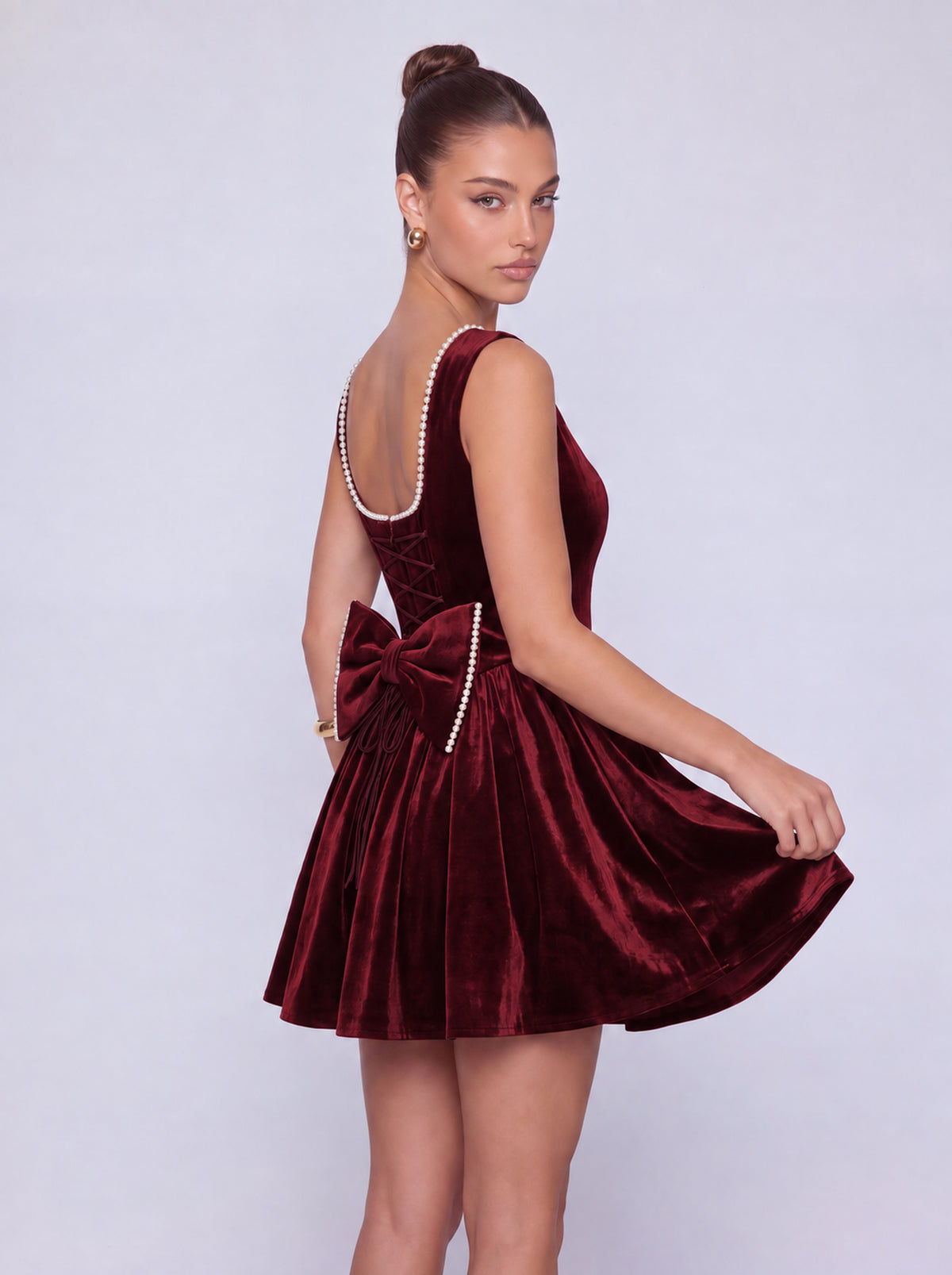 Sleeveless Velvet Pearl-Trim Lace-Up Back Bow Flared Skater Mini Dress – Party & Cocktail Dress - Burgundy - View 4