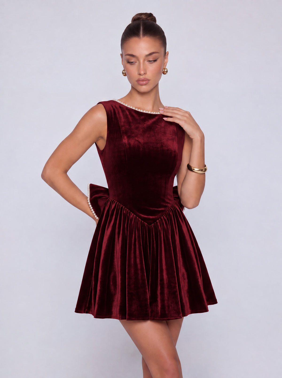 Sleeveless Velvet Pearl-Trim Lace-Up Back Bow Flared Skater Mini Dress – Party & Cocktail Dress - Burgundy - View 5