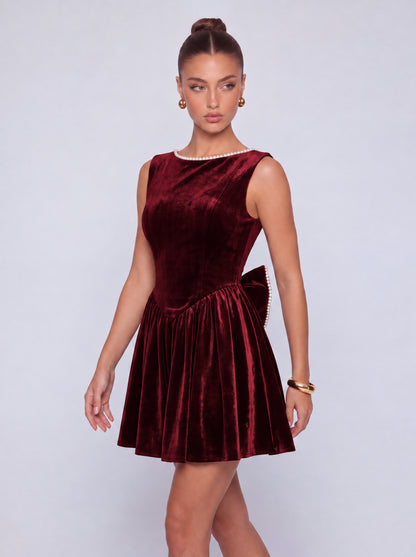 Sleeveless Velvet Pearl-Trim Lace-Up Back Bow Flared Skater Mini Dress – Party & Cocktail Dress - Burgundy - View 6