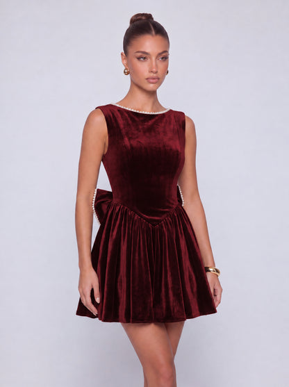 Sleeveless Velvet Pearl-Trim Lace-Up Back Bow Flared Skater Mini Dress – Party & Cocktail Dress - Burgundy - View 7