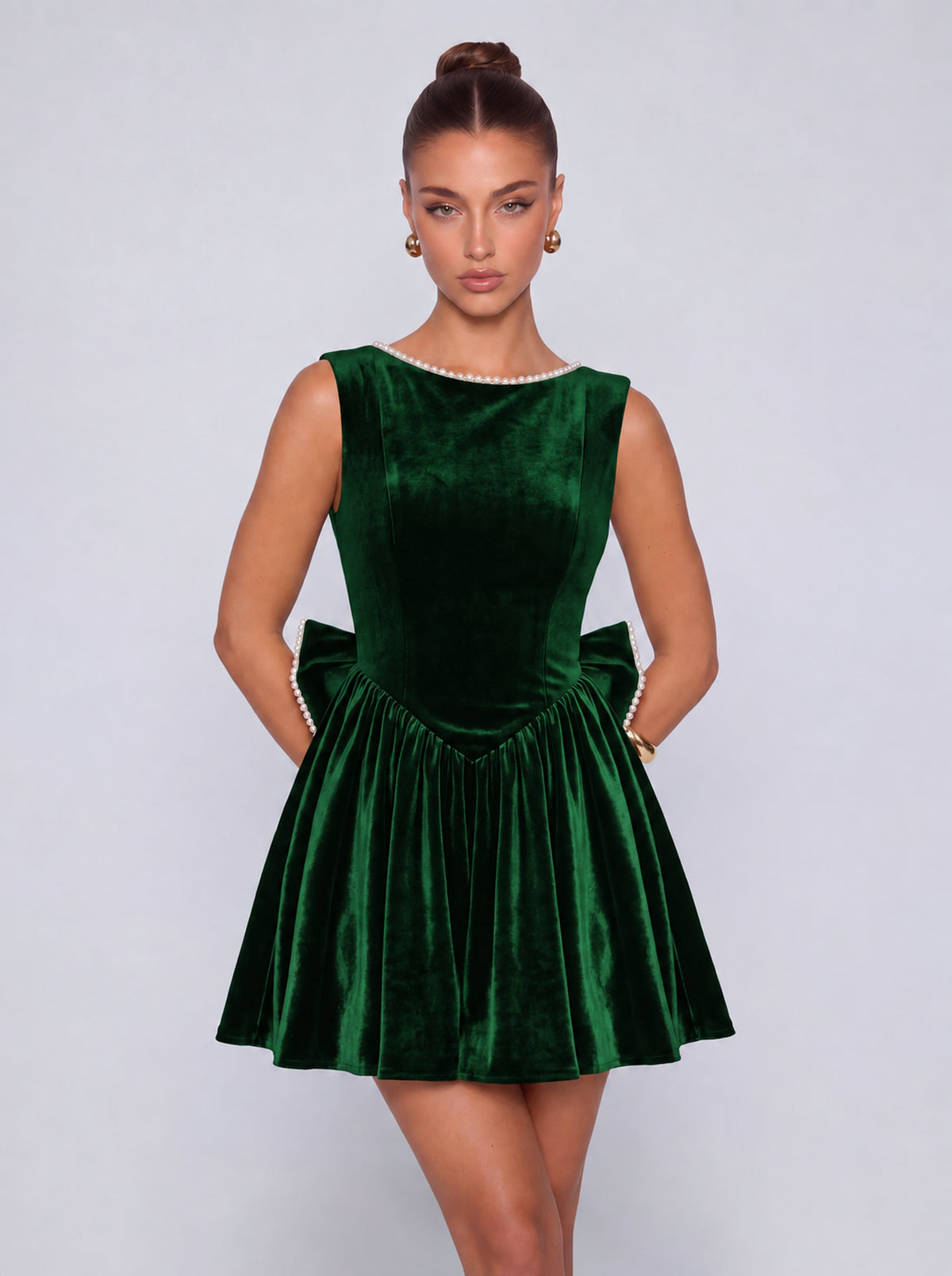 Sleeveless Velvet Pearl-Trim Lace-Up Back Bow Flared Skater Mini Dress – Party & Cocktail Dress - Emerald Green - View 1