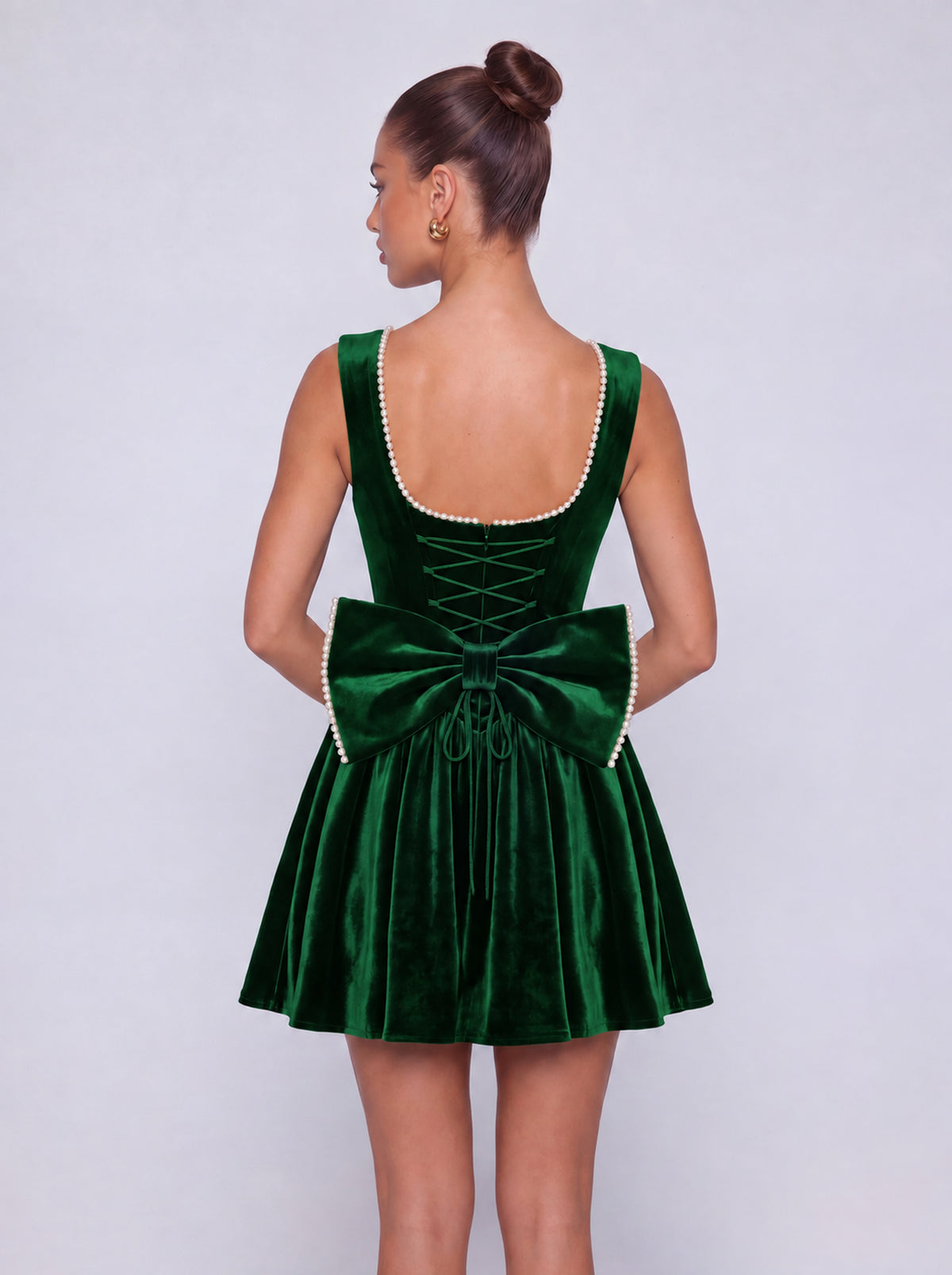 Sleeveless Velvet Pearl-Trim Lace-Up Back Bow Flared Skater Mini Dress – Party & Cocktail Dress - Emerald Green - View 2