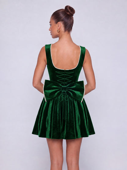 Sleeveless Velvet Pearl-Trim Lace-Up Back Bow Flared Skater Mini Dress – Party & Cocktail Dress - Emerald Green - View 2