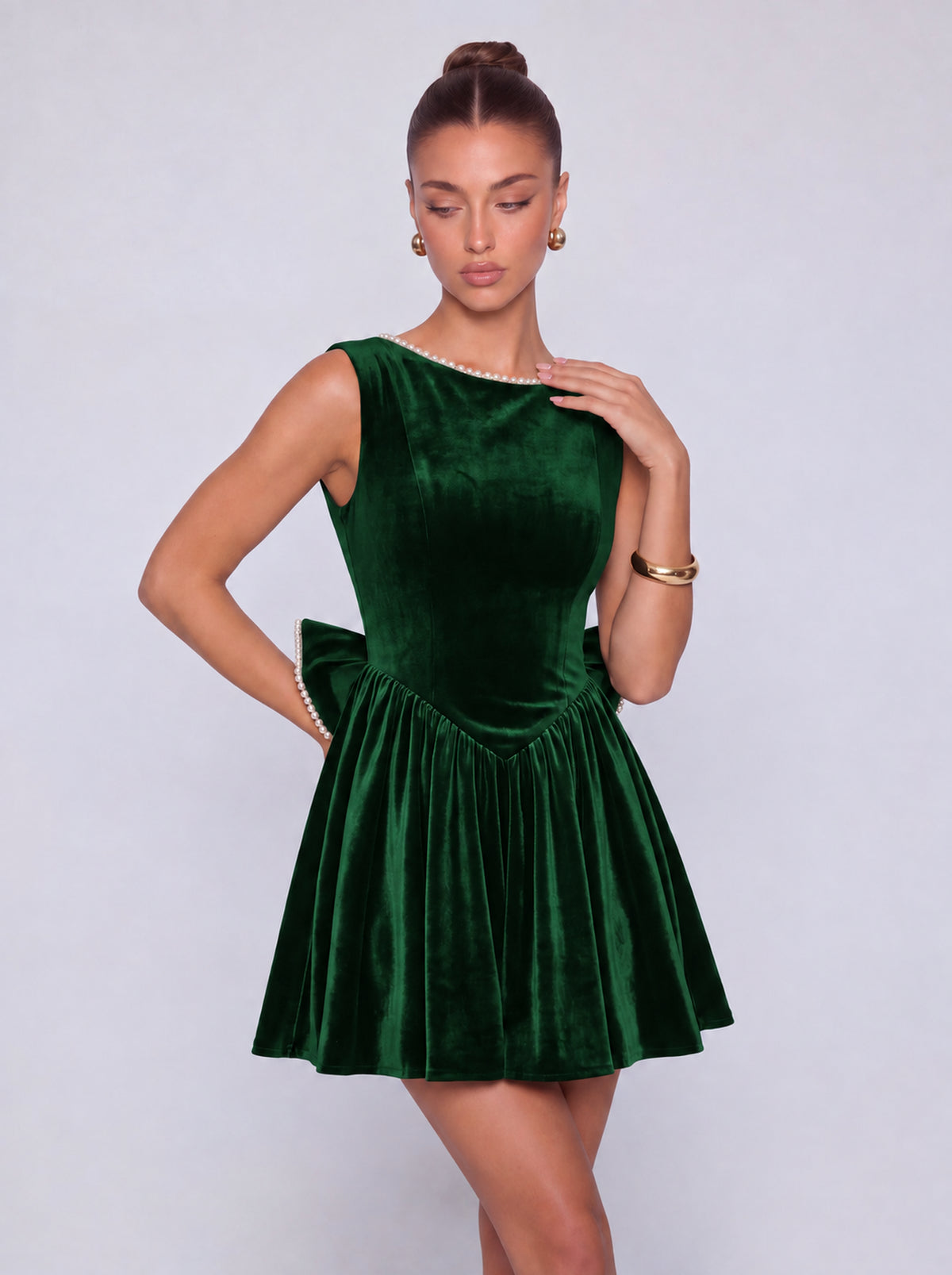 Sleeveless Velvet Pearl-Trim Lace-Up Back Bow Flared Skater Mini Dress – Party & Cocktail Dress - Emerald Green - View 5