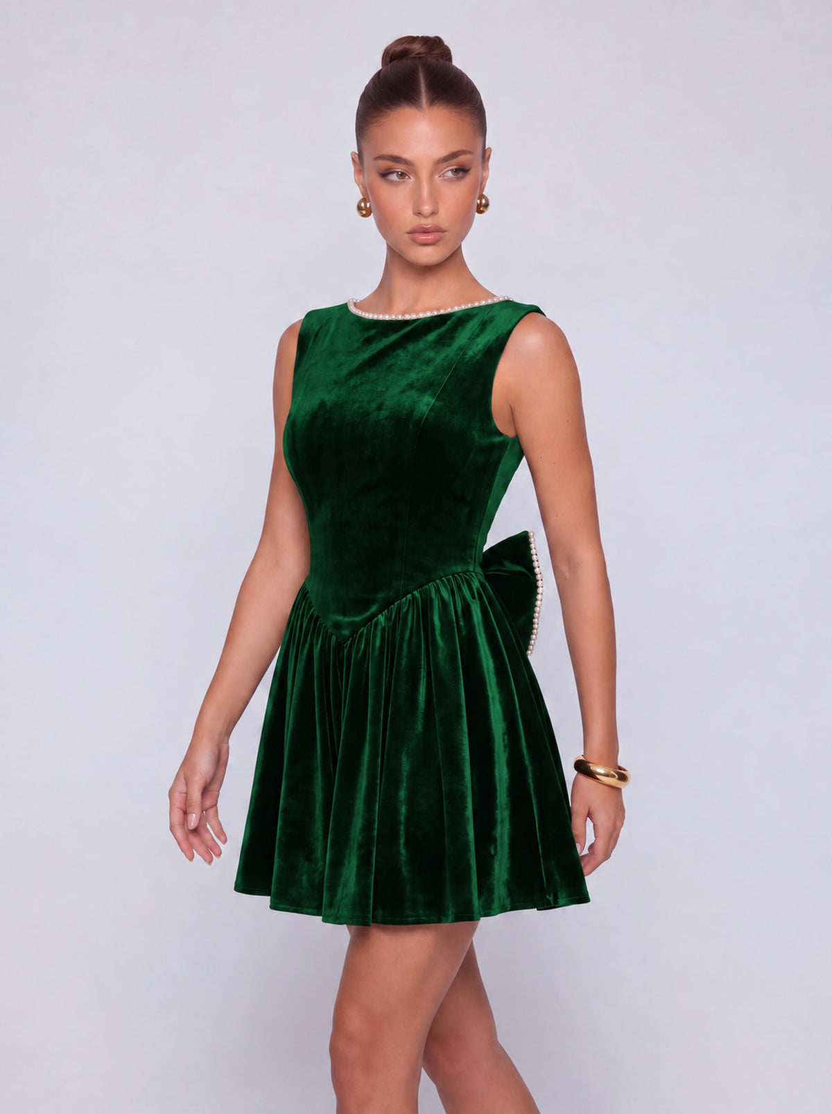Sleeveless Velvet Pearl-Trim Lace-Up Back Bow Flared Skater Mini Dress – Party & Cocktail Dress - Emerald Green - View 6