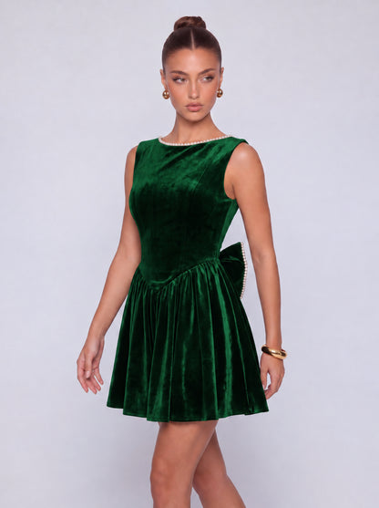 Sleeveless Velvet Pearl-Trim Lace-Up Back Bow Flared Skater Mini Dress – Party & Cocktail Dress - Emerald Green - View 6