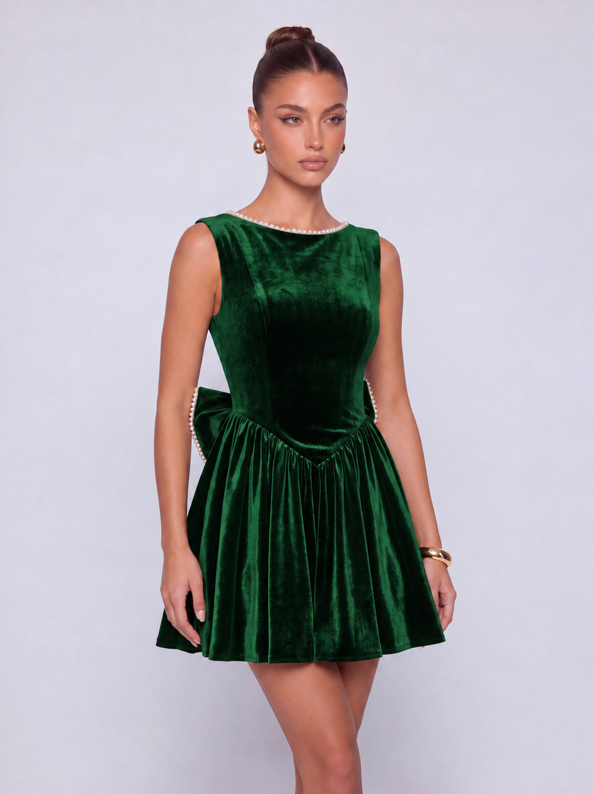 Sleeveless Velvet Pearl-Trim Lace-Up Back Bow Flared Skater Mini Dress – Party & Cocktail Dress - Emerald Green - View 7
