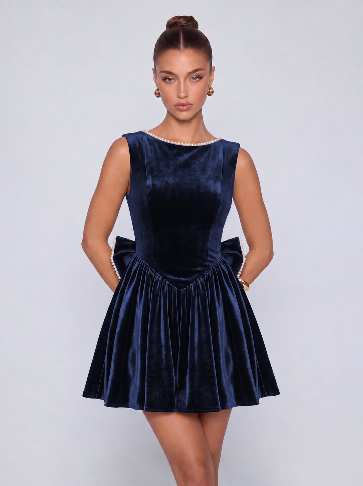 Sleeveless Velvet Pearl-Trim Lace-Up Back Bow Flared Skater Mini Dress – Party & Cocktail Dress - Navy Blue - View 1