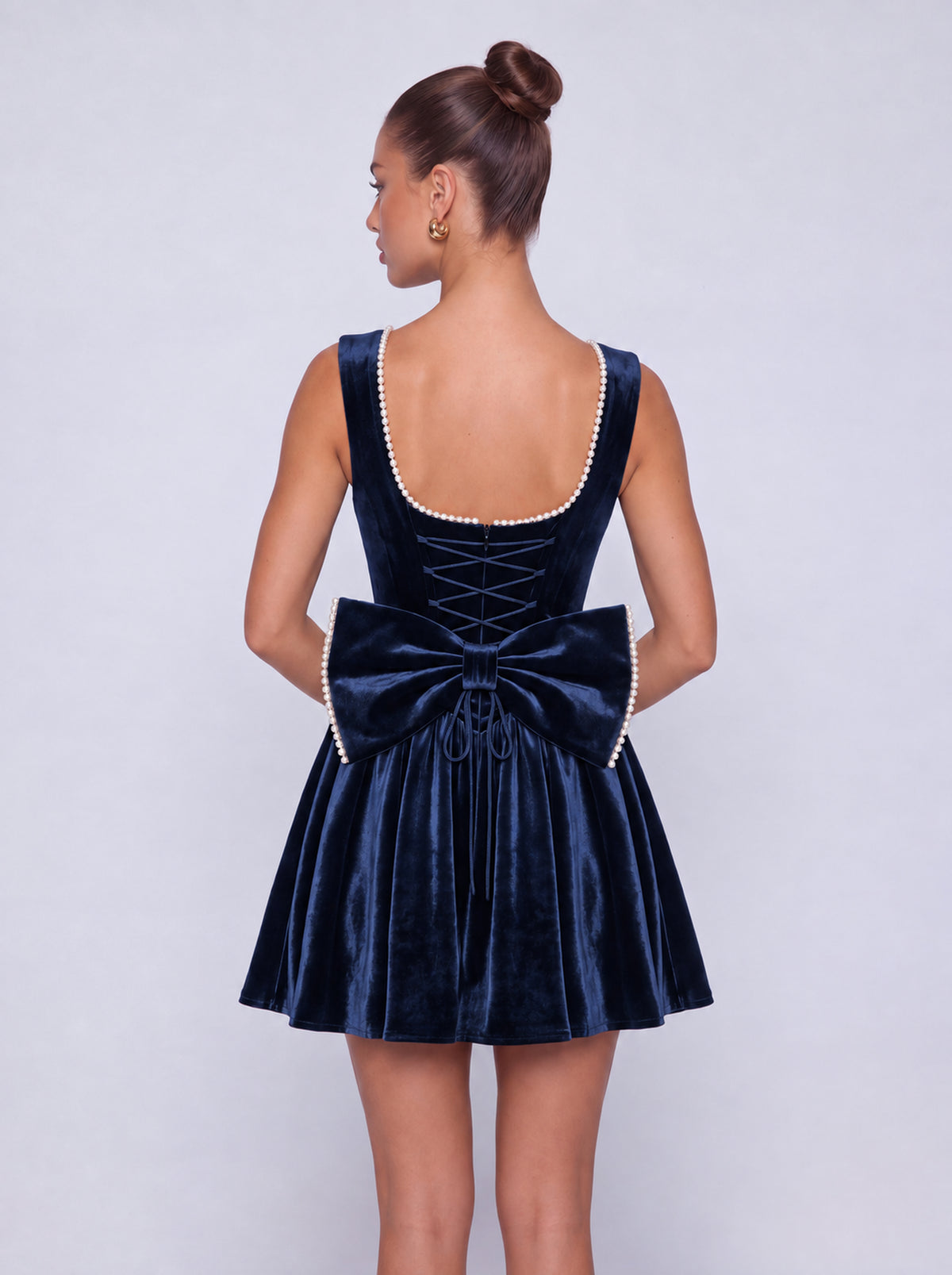 Sleeveless Velvet Pearl-Trim Lace-Up Back Bow Flared Skater Mini Dress – Party & Cocktail Dress - Navy Blue - View 2
