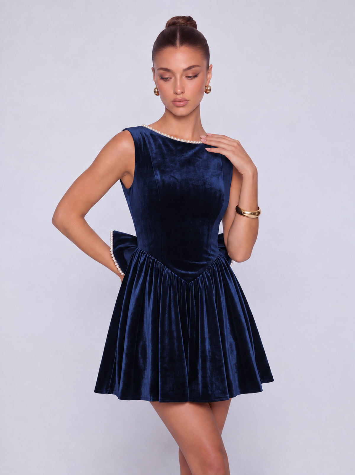 Sleeveless Velvet Pearl-Trim Lace-Up Back Bow Flared Skater Mini Dress – Party & Cocktail Dress - Navy Blue - View 5