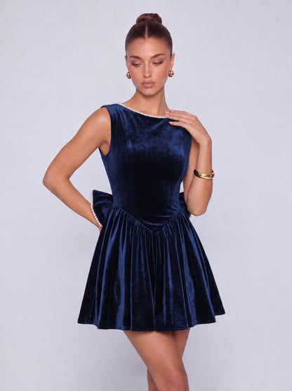 Sleeveless Velvet Pearl-Trim Lace-Up Back Bow Flared Skater Mini Dress – Party & Cocktail Dress - Navy Blue - View 5