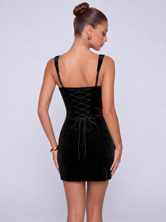 Square-Neck Pearl-Trim Velvet Lace-Up Back Twist-Front Mini Dress – Party & Cocktail Dress - Black - View 2