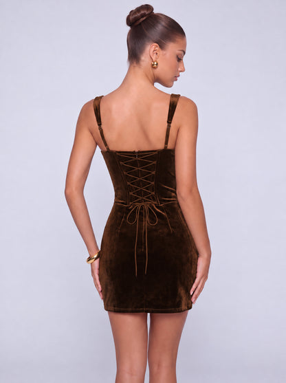 Square-Neck Pearl-Trim Velvet Lace-Up Back Twist-Front Mini Dress – Party & Cocktail Dress - Brown - View 2