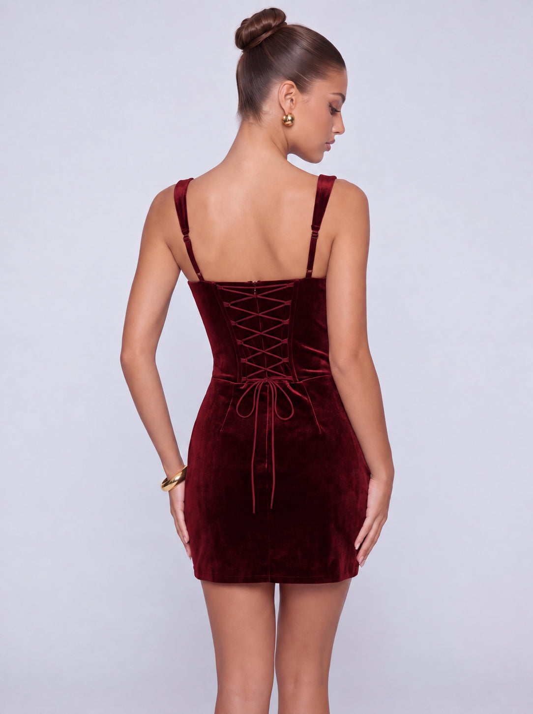 Square-Neck Pearl-Trim Velvet Lace-Up Back Twist-Front Mini Dress – Party & Cocktail Dress - Burgundy - View 2