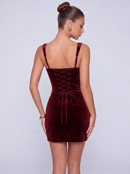 Square-Neck Pearl-Trim Velvet Lace-Up Back Twist-Front Mini Dress – Party & Cocktail Dress - Burgundy - View 2
