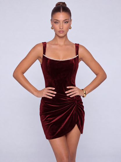 Square-Neck Pearl-Trim Velvet Lace-Up Back Twist-Front Mini Dress – Party & Cocktail Dress - Burgundy - View 3