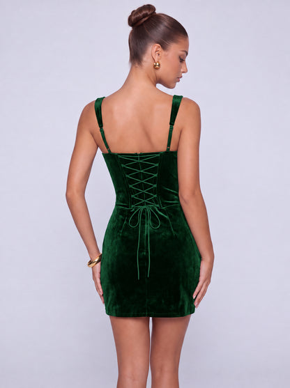 Square-Neck Pearl-Trim Velvet Lace-Up Back Twist-Front Mini Dress – Party & Cocktail Dress - Emerald Green - View 2