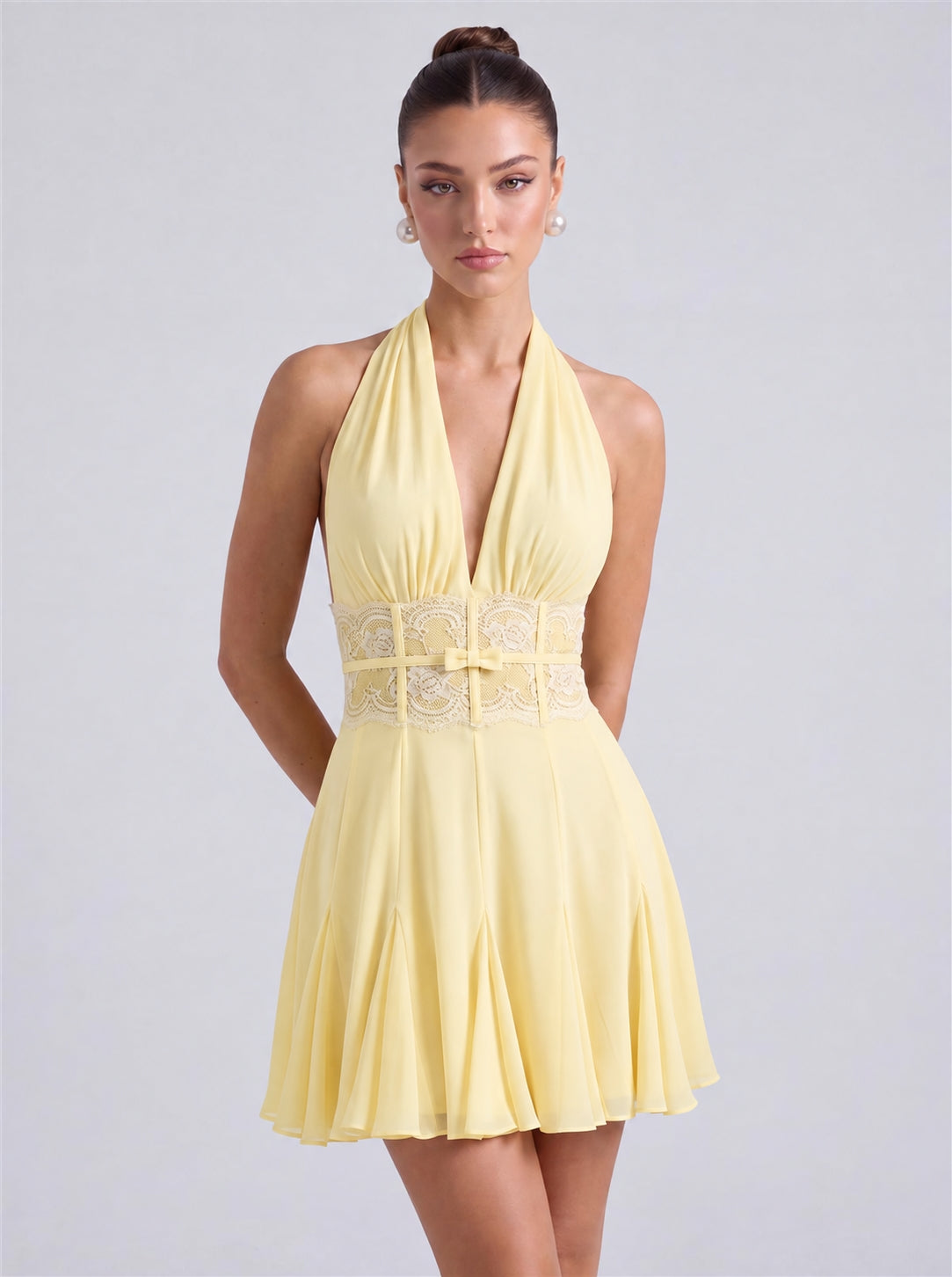 Halter Deep-V Lace Waistband Flowy Flared Mini Dress – Party & Cocktail Dress - Butter Yellow - View 1