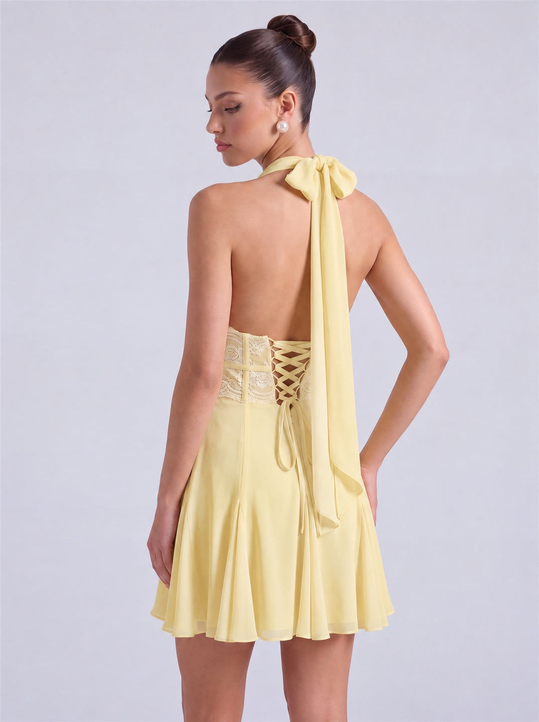 Halter Deep-V Lace Waistband Flowy Flared Mini Dress – Party & Cocktail Dress - Butter Yellow - View 2