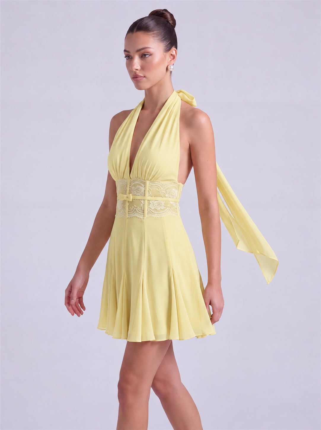 Halter Deep-V Lace Waistband Flowy Flared Mini Dress – Party & Cocktail Dress - Butter Yellow - View 3