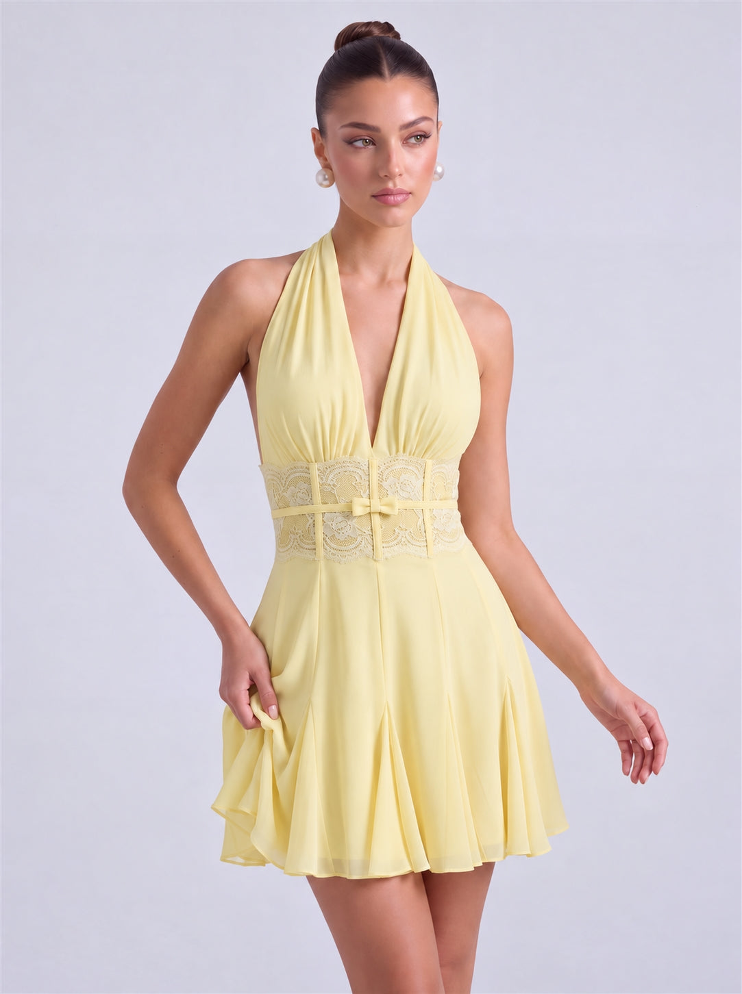 Halter Deep-V Lace Waistband Flowy Flared Mini Dress – Party & Cocktail Dress - Butter Yellow - View 4