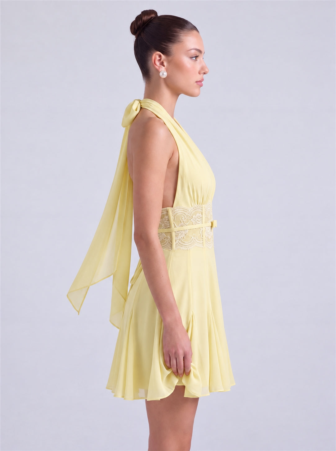 Halter Deep-V Lace Waistband Flowy Flared Mini Dress – Party & Cocktail Dress - Butter Yellow - View 5