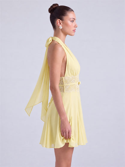 Halter Deep-V Lace Waistband Flowy Flared Mini Dress – Party & Cocktail Dress - Butter Yellow - View 5