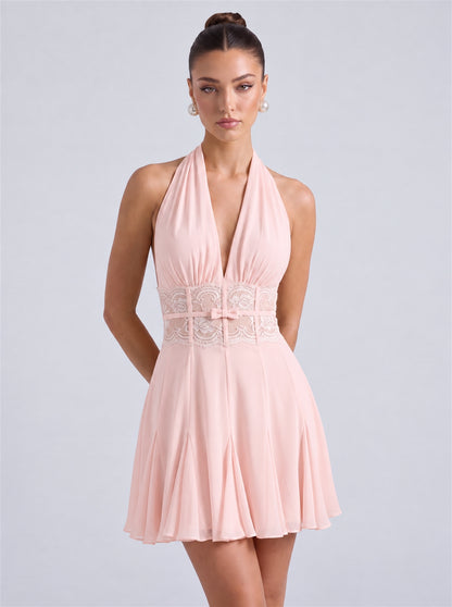 Halter Deep-V Lace Waistband Flowy Flared Mini Dress – Party & Cocktail Dress - Light Pink - View 1