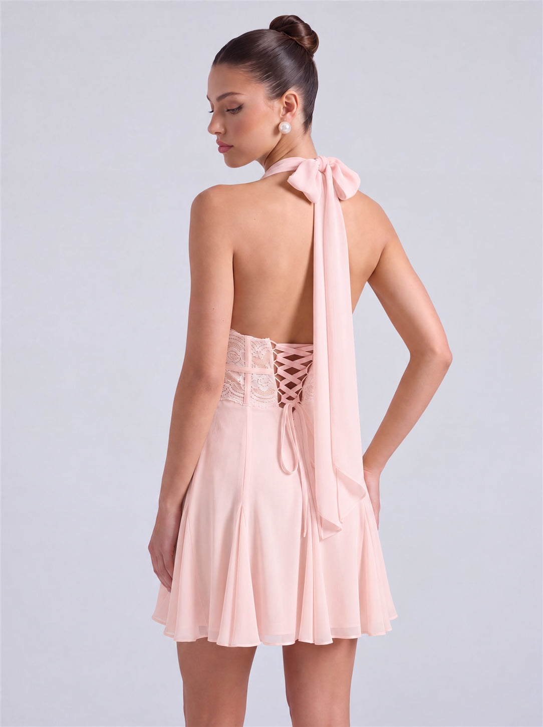 Halter Deep-V Lace Waistband Flowy Flared Mini Dress – Party & Cocktail Dress - Light Pink - View 2