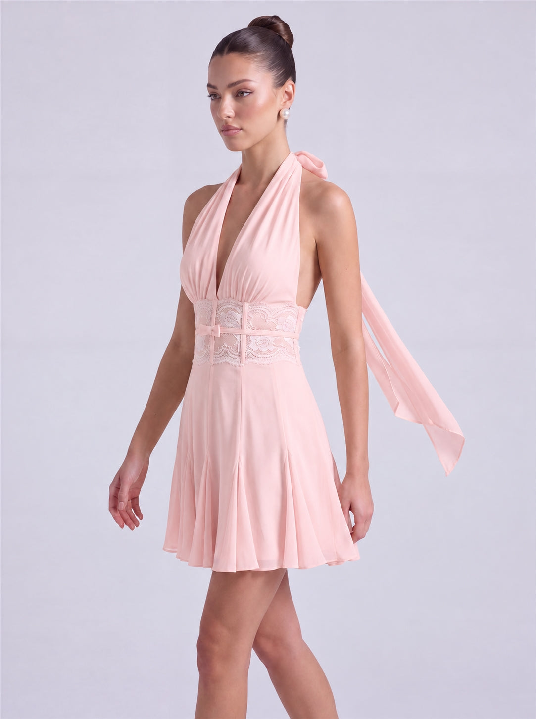 Halter Deep-V Lace Waistband Flowy Flared Mini Dress – Party & Cocktail Dress - Light Pink - View 3