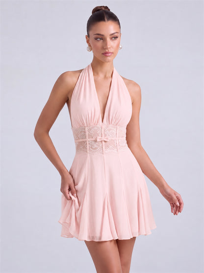 Halter Deep-V Lace Waistband Flowy Flared Mini Dress – Party & Cocktail Dress - Light Pink - View 4