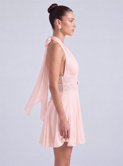 Halter Deep-V Lace Waistband Flowy Flared Mini Dress – Party & Cocktail Dress - Light Pink - View 5