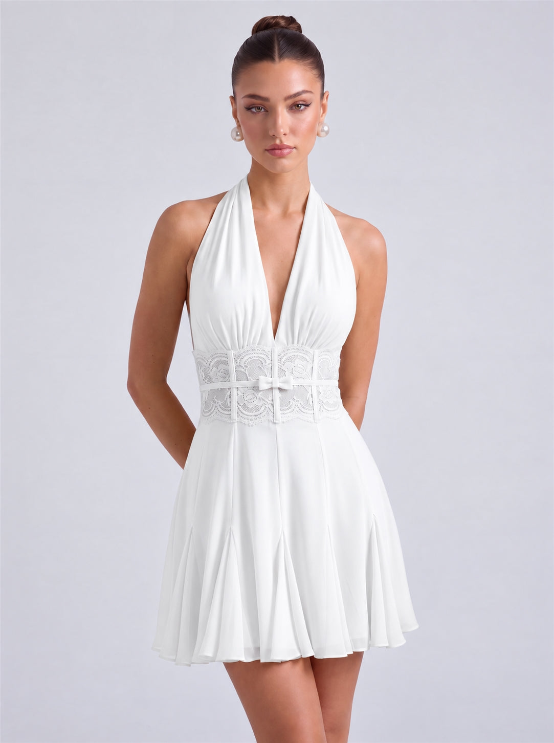 Halter Deep-V Lace Waistband Flowy Flared Mini Dress – Party & Cocktail Dress - White - View 1