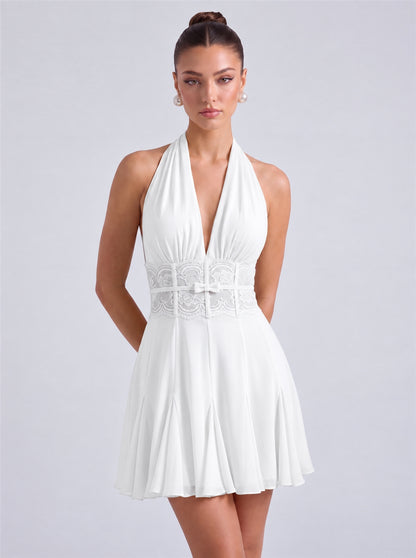 Halter Deep-V Lace Waistband Flowy Flared Mini Dress – Party & Cocktail Dress - White - View 1