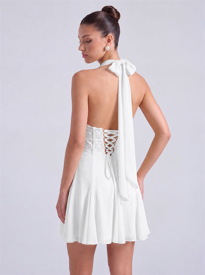 Halter Deep-V Lace Waistband Flowy Flared Mini Dress – Party & Cocktail Dress - White - View 2