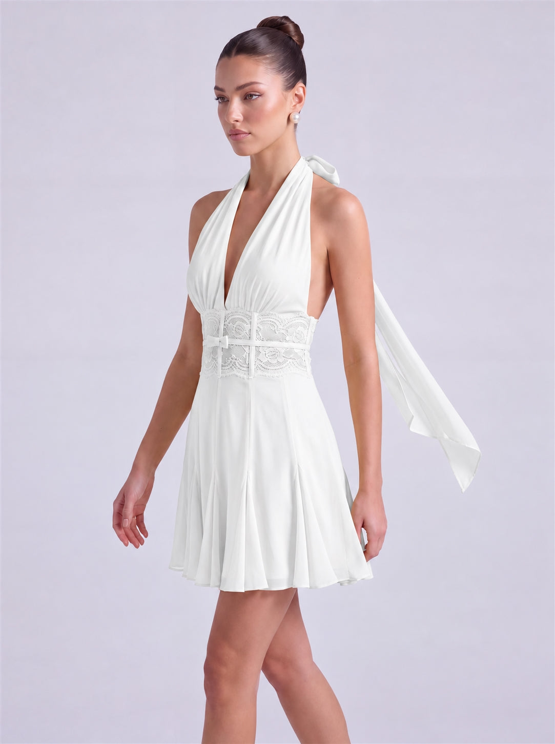 Halter Deep-V Lace Waistband Flowy Flared Mini Dress – Party & Cocktail Dress - White - View 3