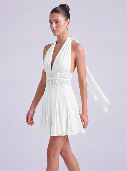 Halter Deep-V Lace Waistband Flowy Flared Mini Dress – Party & Cocktail Dress - White - View 3