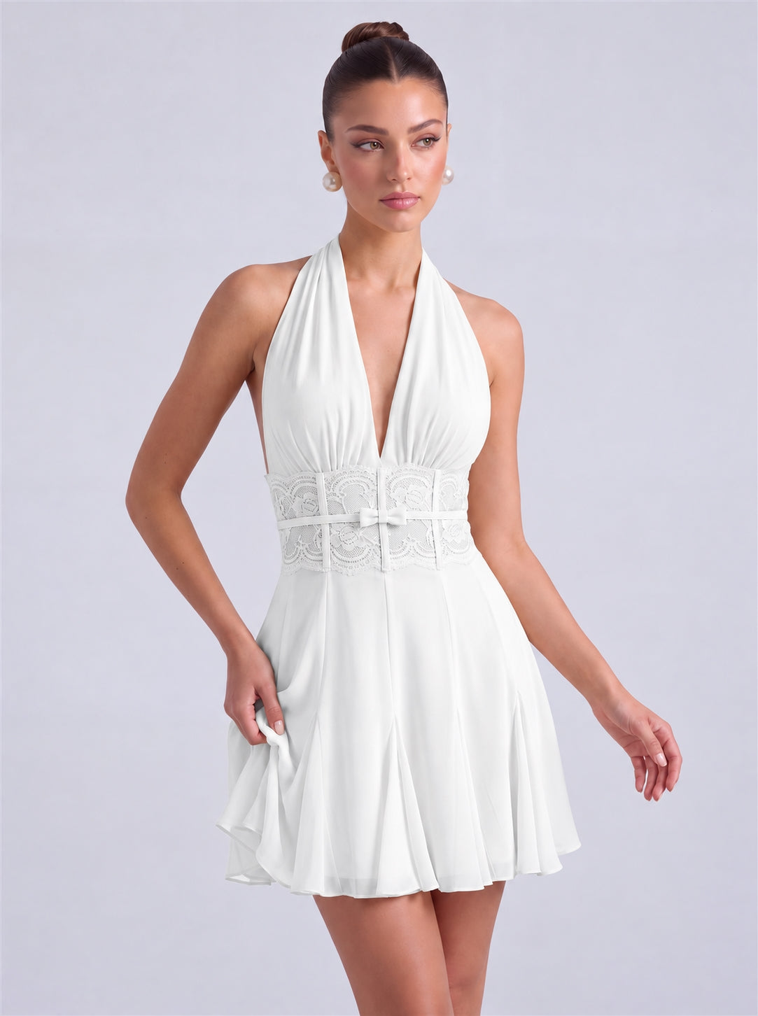 Halter Deep-V Lace Waistband Flowy Flared Mini Dress – Party & Cocktail Dress - White - View 4