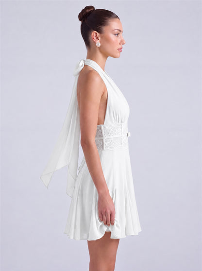 Halter Deep-V Lace Waistband Flowy Flared Mini Dress – Party & Cocktail Dress - White - View 5