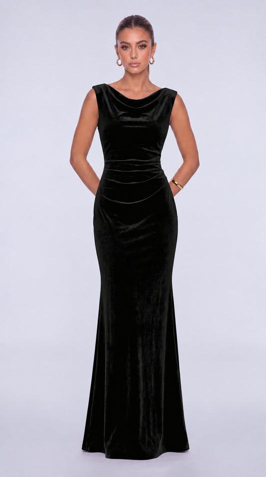 Sleeveless Velvet Cowl-Neck Ruched Lace-Up Open Back Mermaid Gown – Prom & Evening Dress - Black - View 1