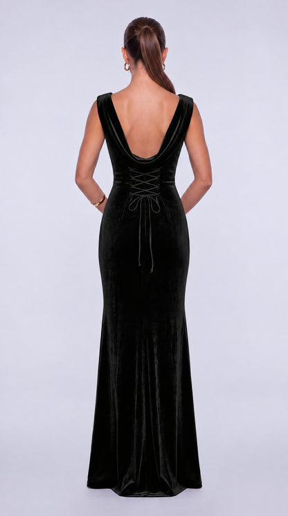 Sleeveless Velvet Cowl-Neck Ruched Lace-Up Open Back Mermaid Gown – Prom & Evening Dress - Black - View 2