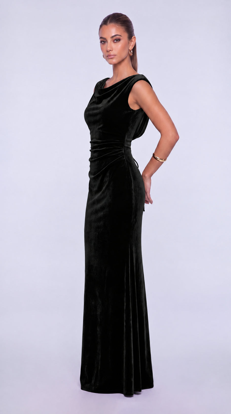 Sleeveless Velvet Cowl-Neck Ruched Lace-Up Open Back Mermaid Gown – Prom & Evening Dress - Black - View 5