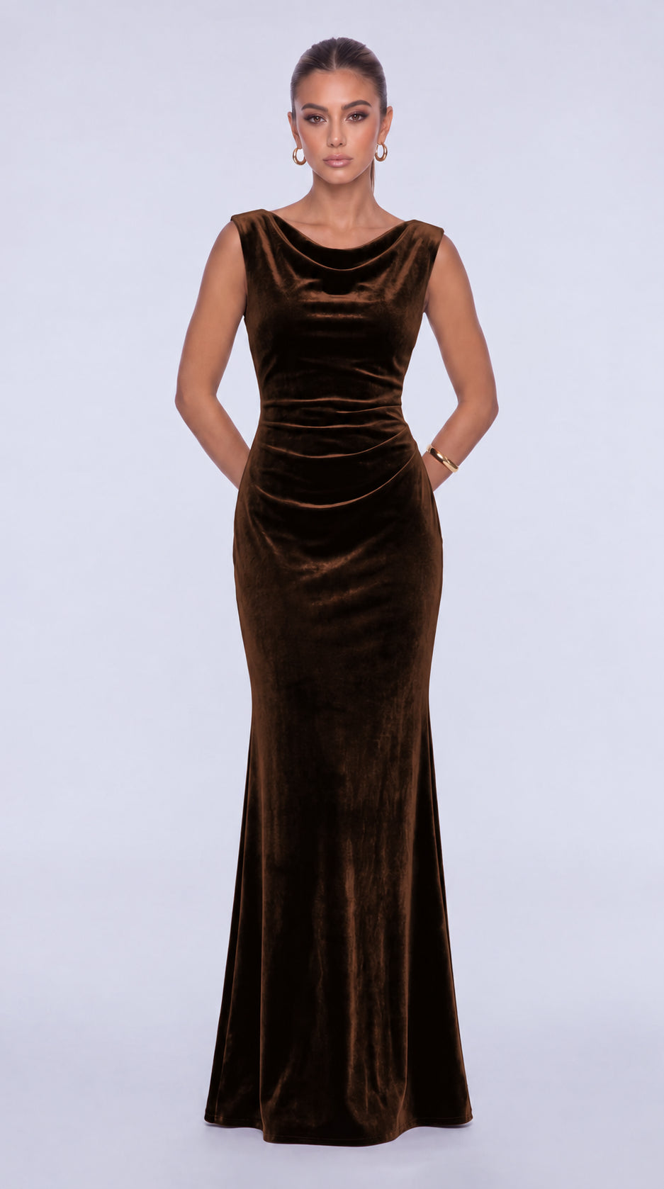 Sleeveless Velvet Cowl-Neck Ruched Lace-Up Open Back Mermaid Gown – Prom & Evening Dress - Brown - View 1