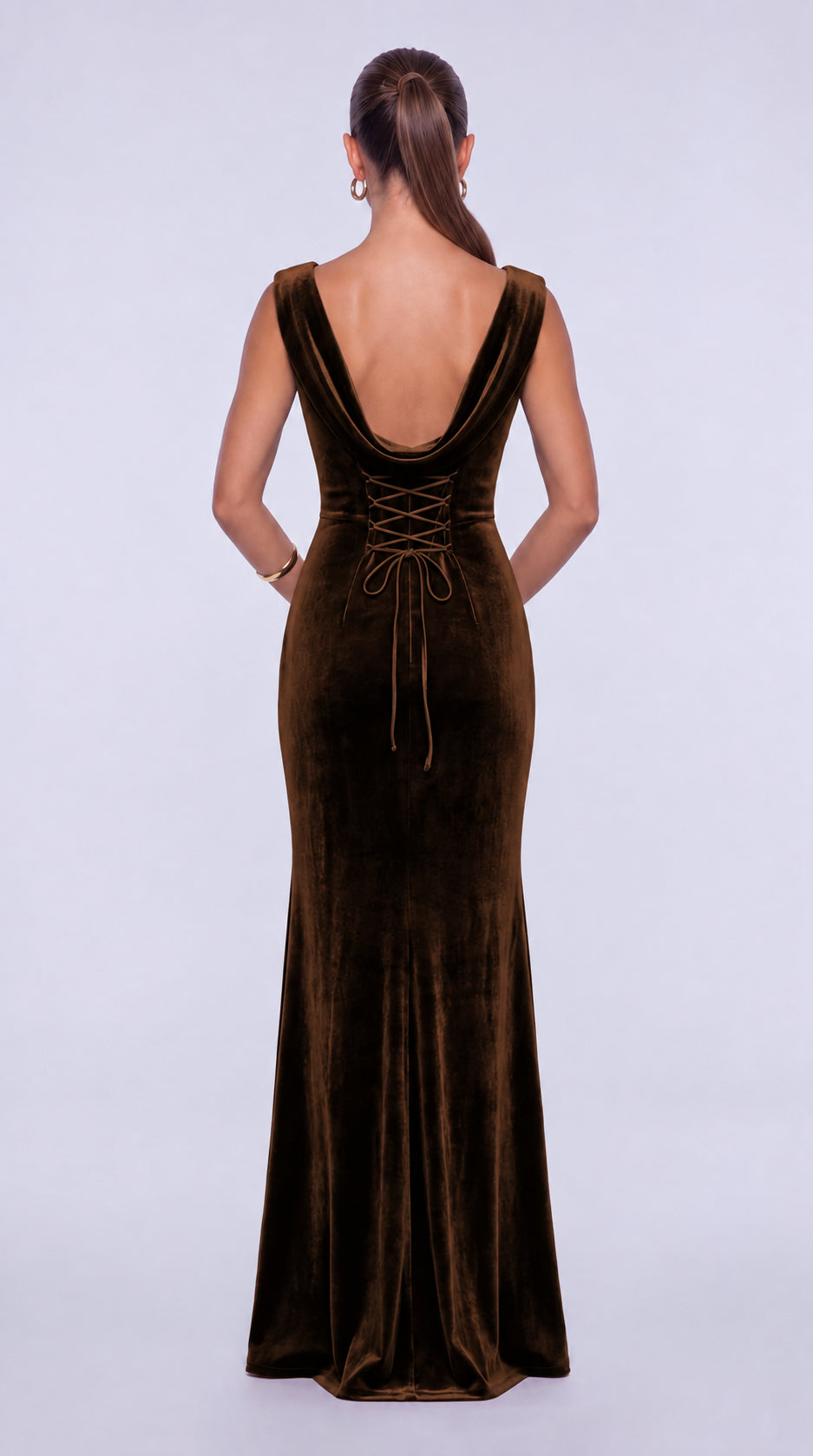 Sleeveless Velvet Cowl-Neck Ruched Lace-Up Open Back Mermaid Gown – Prom & Evening Dress - Brown - View 2