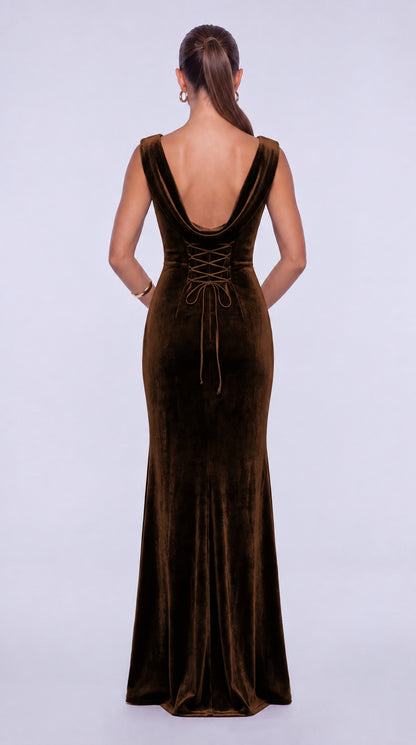 Sleeveless Velvet Cowl-Neck Ruched Lace-Up Open Back Mermaid Gown – Prom & Evening Dress - Brown - View 2